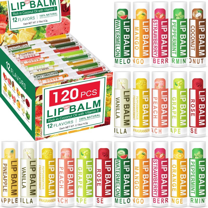 DMSKY 120 Pack Lip Balm Natural Lip Balm Bulk with Vitamin E and Coconut Oil Moisturizing Lip Balm for Dry Cracked Lips Lip Balm for Stocking Stuffers  12 Flavors