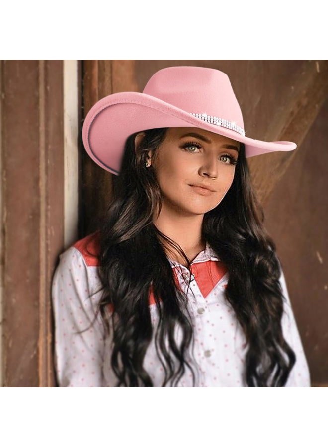 DRESHOW Glitter Cowboy Hat Classic Western Rhinestone Cowgirl Hat Outdoor Wide Brim Retro Felt Fedora Hats Rolled up Caps, 1 Pack Style 7: Light Pink With 3 Rhinestones Bands, L - Image 2