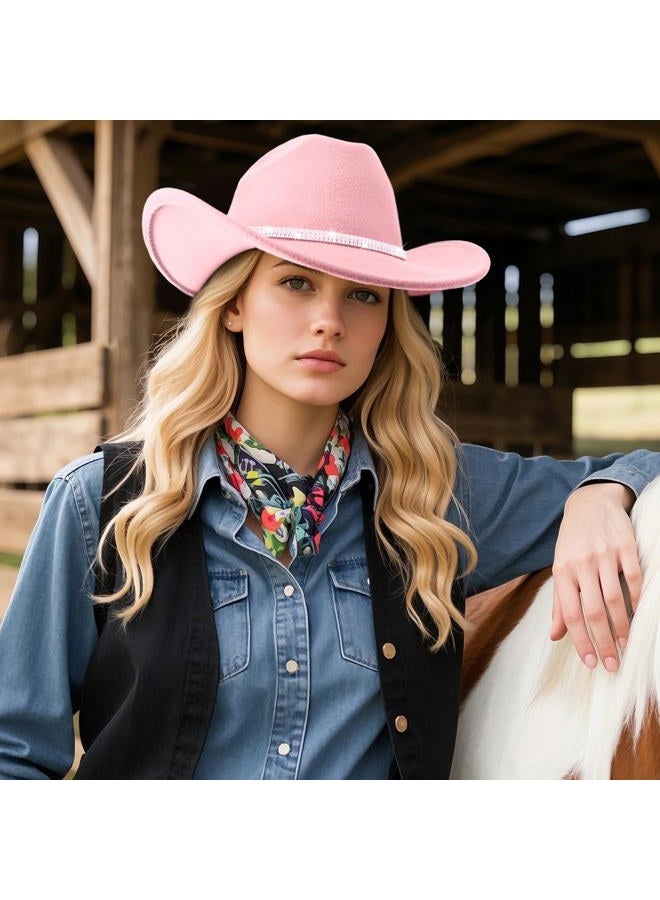 DRESHOW Glitter Cowboy Hat Classic Western Rhinestone Cowgirl Hat Outdoor Wide Brim Retro Felt Fedora Hats Rolled up Caps, 1 Pack Style 7: Light Pink With 3 Rhinestones Bands, L - Image 4