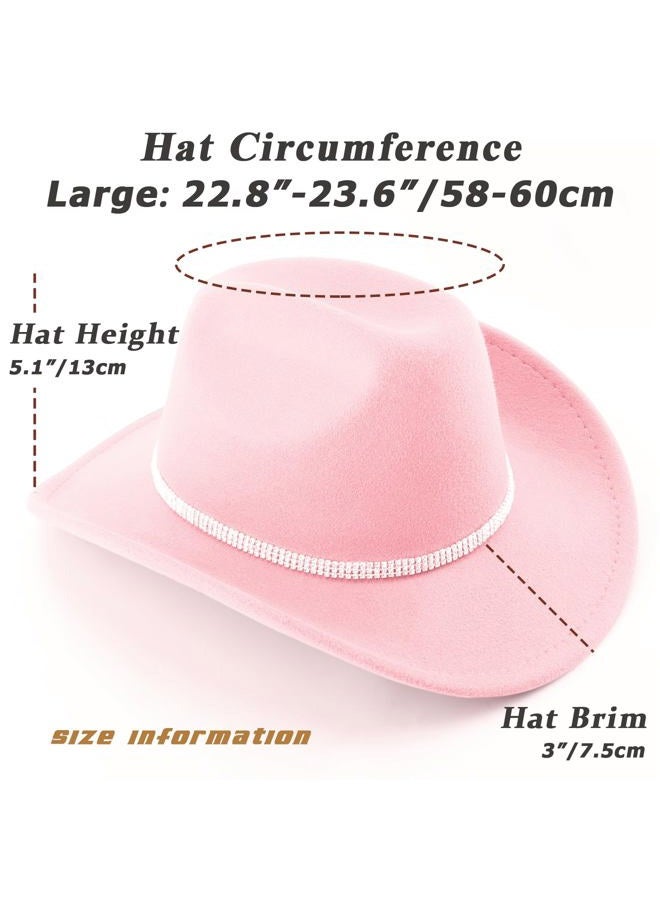 DRESHOW Glitter Cowboy Hat Classic Western Rhinestone Cowgirl Hat Outdoor Wide Brim Retro Felt Fedora Hats Rolled up Caps, 1 Pack Style 7: Light Pink With 3 Rhinestones Bands, L - Image 5