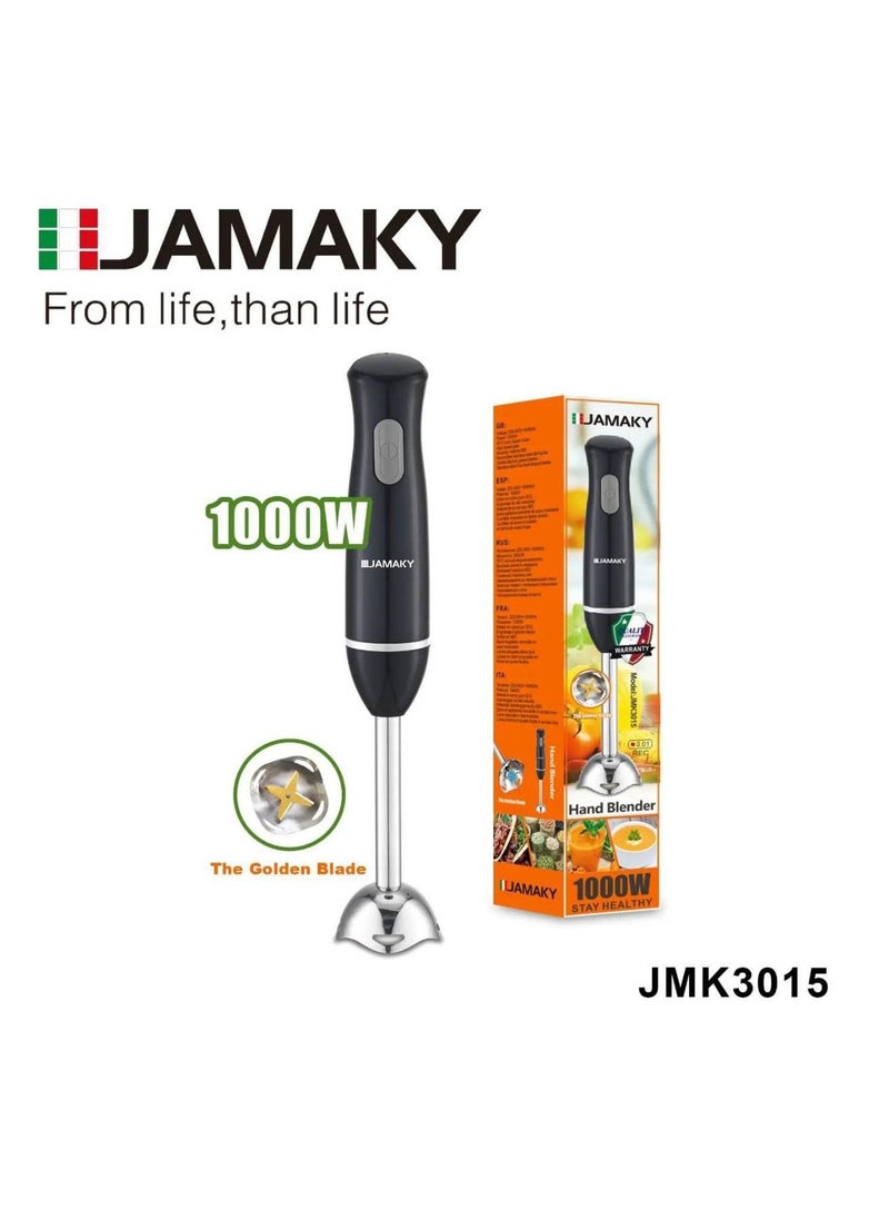 JAMAKY Italy - Brand Jamaki 1000W Electric Hand Blender 2 Speeds Stainless Steel Blade Detachable Leg Parts for Easy Operation and Cleaning Blend ingredients together quickly and smoothly to create delicious and healthy smoothies, pureed soups, pickles, sauces, juices and much more, allowing you to achieve professional results with ease Professional Stainless Steel Knife Model: JMK3015 (Italian) - Image 1