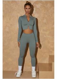 ovitio Dark Green Long Sleeve Cropped Hoodie and Leggings Set  - Image 1