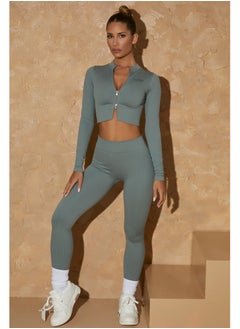 ovitio Dark Green Long Sleeve Cropped Hoodie and Leggings Set  - Image 2