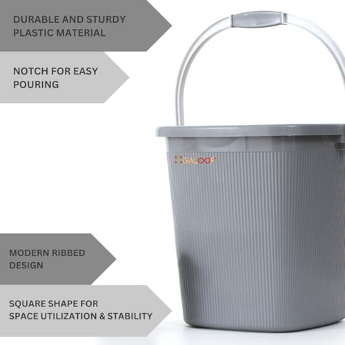 GALOOF Strong Plastic Bucket Mug Bathroom Set of 2 for Kitchen & Bathroom | Solid Color Striped Pattern Balti with Mug (Grey, 25 Liter Bucket + 1.5 Liter Mug) - Image 3