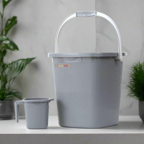 GALOOF Strong Plastic Bucket Mug Bathroom Set of 2 for Kitchen & Bathroom | Solid Color Striped Pattern Balti with Mug (Grey, 25 Liter Bucket + 1.5 Liter Mug) - Image 2