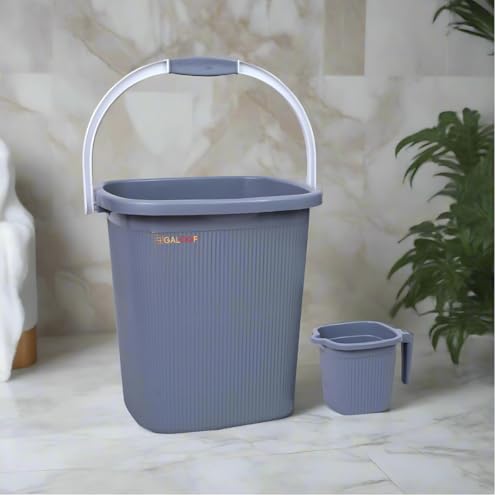 GALOOF Strong Plastic Bucket Mug Bathroom Set of 2 for Kitchen & Bathroom | Solid Color Striped Pattern Balti with Mug (Grey, 25 Liter Bucket + 1.5 Liter Mug) - Image 5