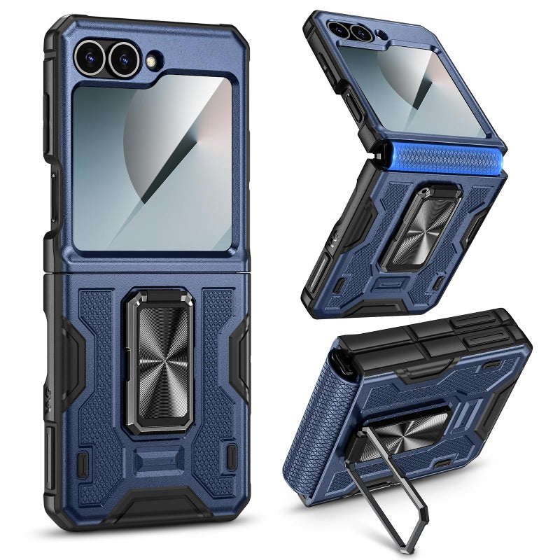 VEGO for Galaxy Z Flip 6 Case, with Screen Protector & Hinge Protection & Magnetic Ring Kickstand Full Body Protective Phone Case for Samsung Z Flip 6 2024 - Blue - Image 1