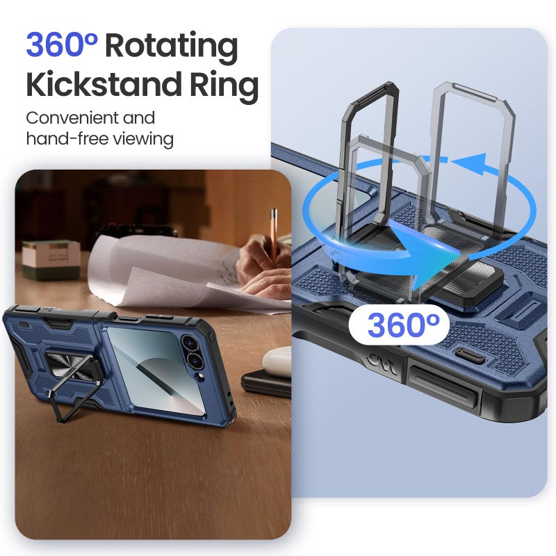 VEGO for Galaxy Z Flip 6 Case, with Screen Protector & Hinge Protection & Magnetic Ring Kickstand Full Body Protective Phone Case for Samsung Z Flip 6 2024 - Blue - Image 4