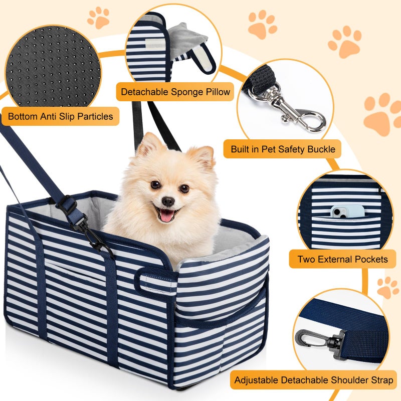 NECKORY Portable Dog Car Seat for Small Dogs - Adjustable Safety Leash, Washable Cushion & Storage Pocket - Pet Booster Seat for Car Travel- Blue Stripes - Image 3