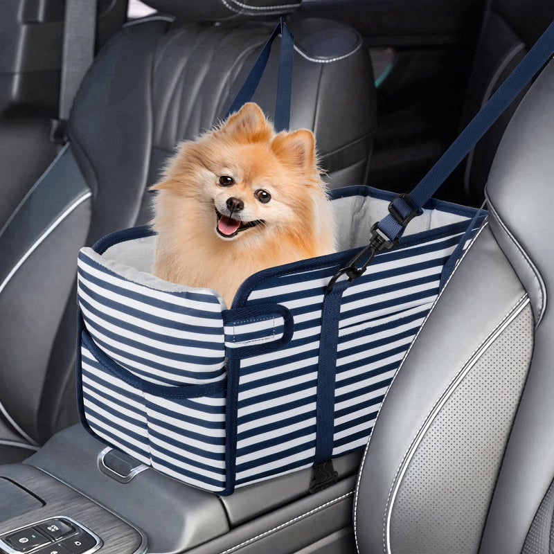 NECKORY Portable Dog Car Seat for Small Dogs - Adjustable Safety Leash, Washable Cushion & Storage Pocket - Pet Booster Seat for Car Travel- Blue Stripes - Image 1