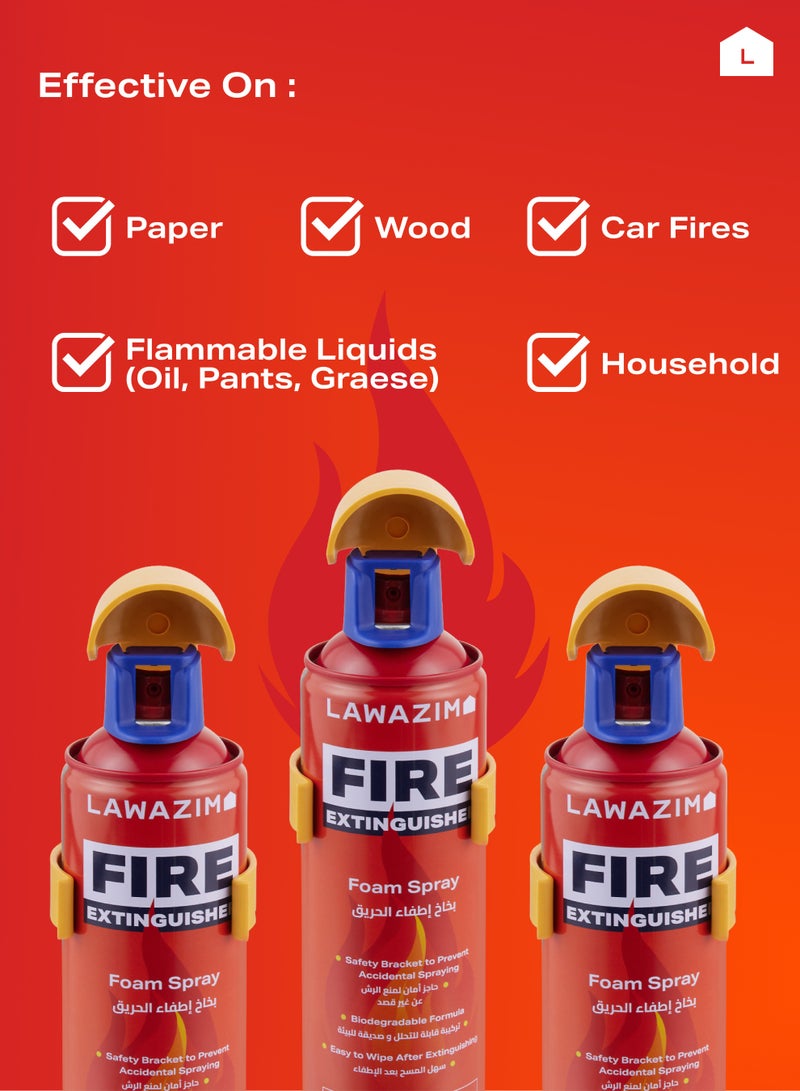 LAWAZIM 3-Piece Fire Extinguisher Foam Spray - 500ml - Portable Fire Resistant Foam with Single Button Spray, Non-Toxic Biodegradable Formula, Easy Clean Residue, and Wall Mount Bracket for Home & Car - Image 5