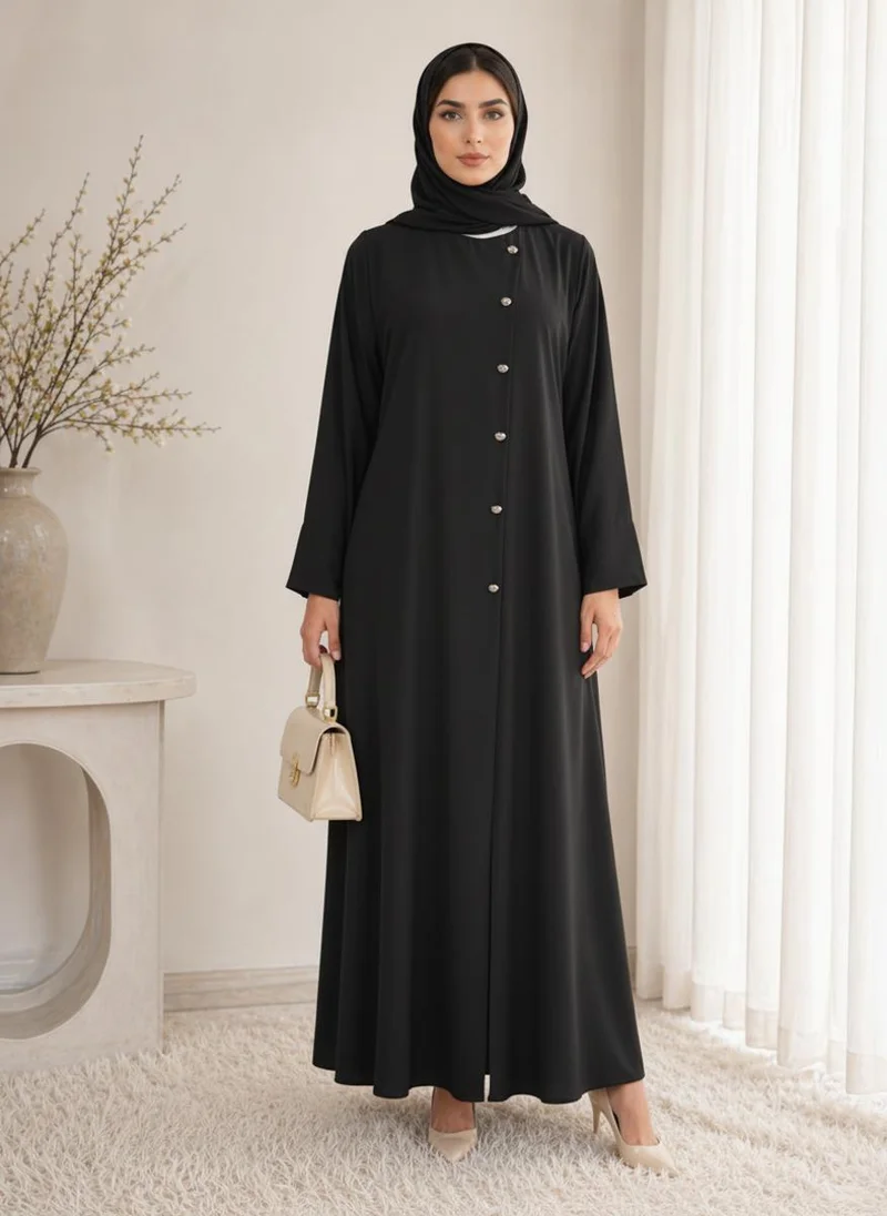 أم سكوير فاشن Black Korean Nida Abaya I Asymmetrical Button Design with Matching Chiffon Headscarf