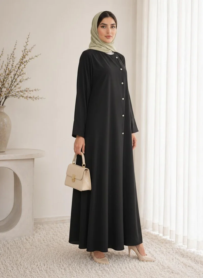 أم سكوير فاشن Black Korean Nida Abaya I Asymmetrical Button Design with Matching Chiffon Headscarf