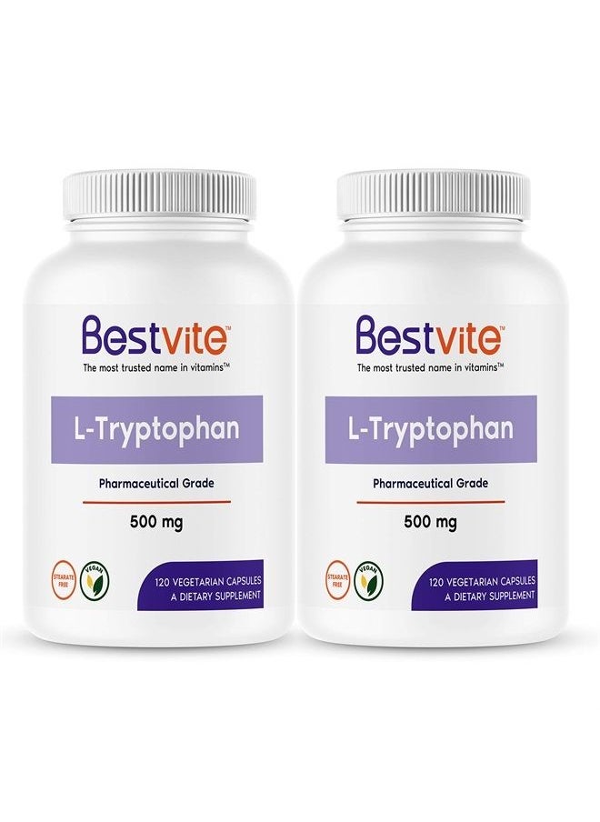 BESTVITE L-Tryptophan 500mg per Capsule (240 Vegetarian Capsules) (2-Pack) - No Stearates - No Silica - No Gelatin - Vegan - Gluten Free - Non GMO  - Image 1