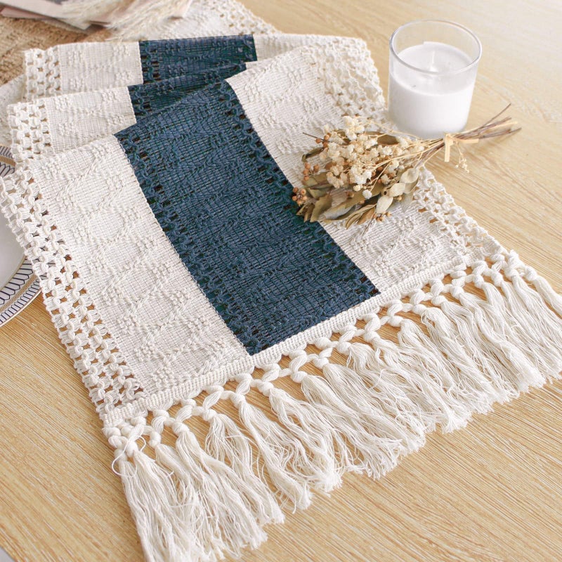 Fexia Boho Table Runner  108 Inches Long Cream  Blue Rustic Macrame Runner with Tassels for Bohemian Dining  Bedroom Decor