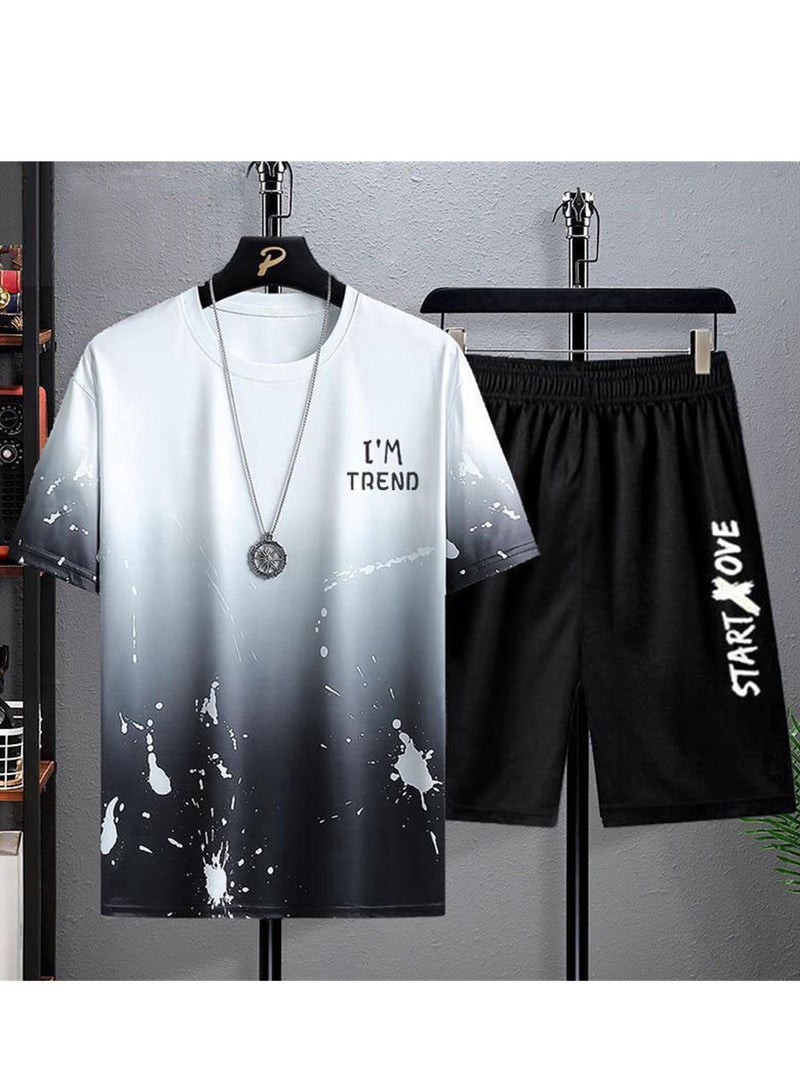Trendy printed short-sleeved T-shirt summer new men's casual suit shorts short-sleeved T-shirt two-piece set  - Image 2