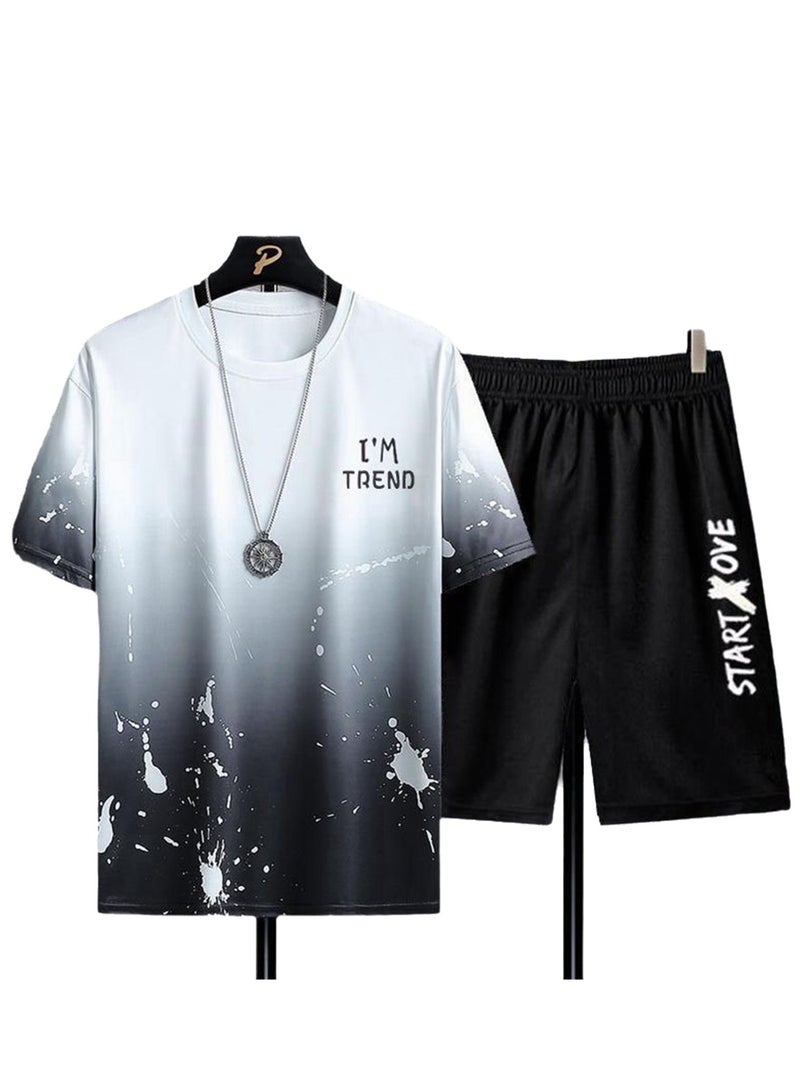 Trendy printed short-sleeved T-shirt summer new men's casual suit shorts short-sleeved T-shirt two-piece set  - Image 1