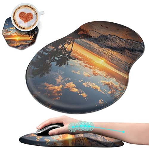Mxfdegf Ergonomic Mouse Pad with Wrist Rest Support + Cup Coasters,Thick Mousepad Relief Carpal Tunnel Pain, Mouse Pad with Non-Slip PU Base, Computer Mouse Pads for Wireless Mouse,Sunset Beach - Image 1