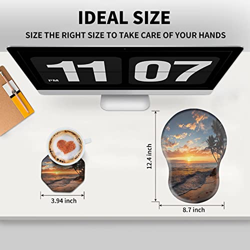 Mxfdegf Ergonomic Mouse Pad with Wrist Rest Support + Cup Coasters,Thick Mousepad Relief Carpal Tunnel Pain, Mouse Pad with Non-Slip PU Base, Computer Mouse Pads for Wireless Mouse,Sunset Beach - Image 2