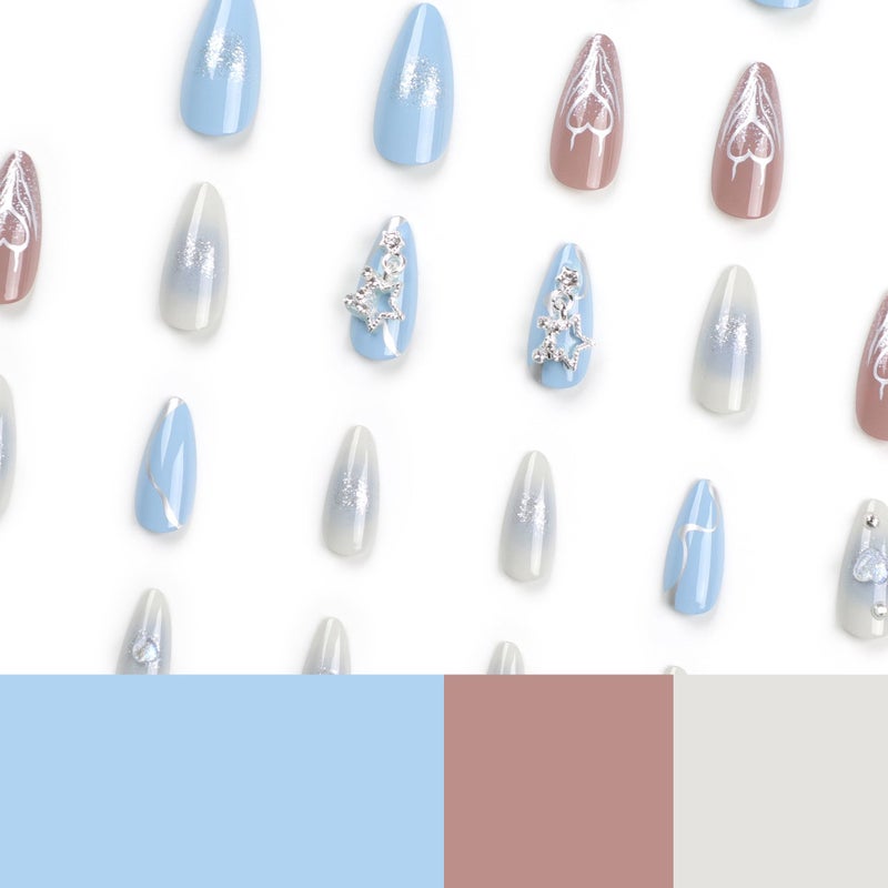 CTTHNBD Press-On Nails Almond Medium Blue Gradient Design False Nails with Star Heart Charms - Fake Nails, Full Cover - 24Pcs Y2K Acrylic Stick-On - Image 3