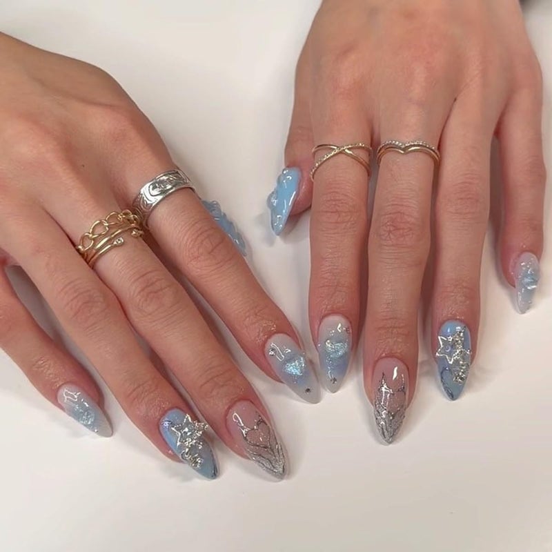 CTTHNBD Press-On Nails Almond Medium Blue Gradient Design False Nails with Star Heart Charms - Fake Nails, Full Cover - 24Pcs Y2K Acrylic Stick-On - Image 1