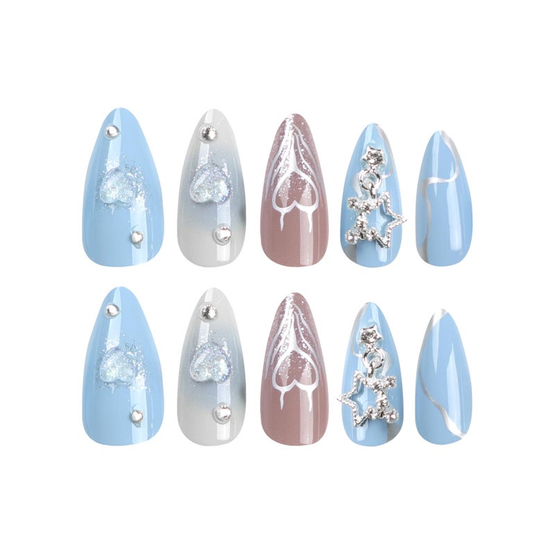 CTTHNBD Press-On Nails Almond Medium Blue Gradient Design False Nails with Star Heart Charms - Fake Nails, Full Cover - 24Pcs Y2K Acrylic Stick-On - Image 5