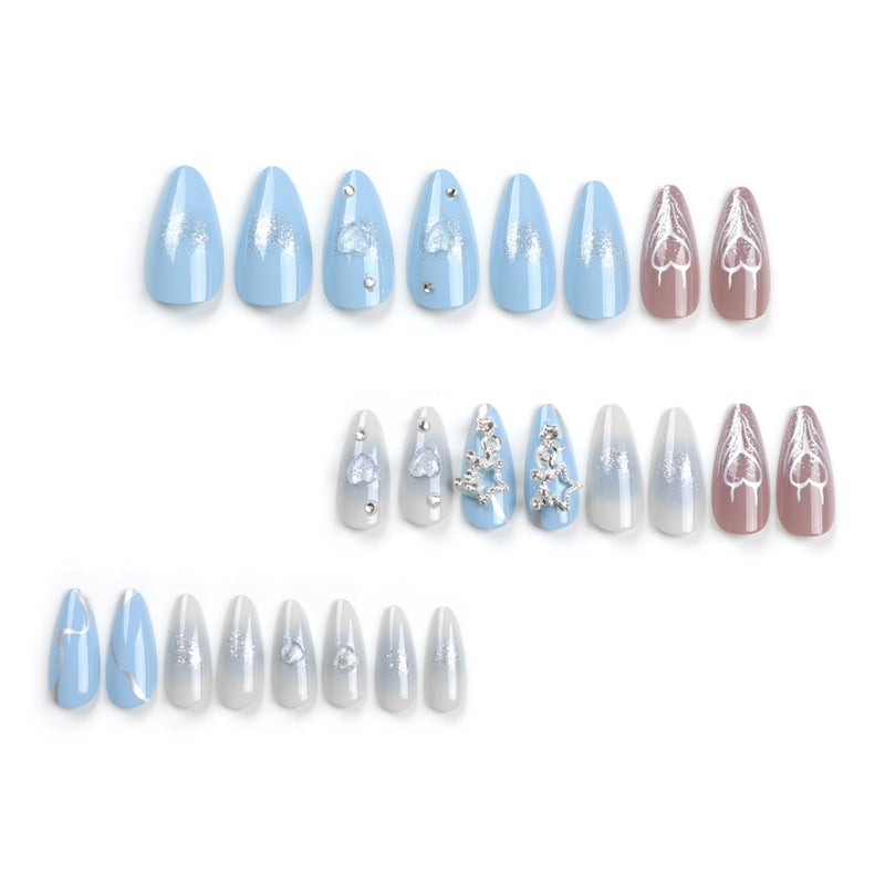 CTTHNBD Press-On Nails Almond Medium Blue Gradient Design False Nails with Star Heart Charms - Fake Nails, Full Cover - 24Pcs Y2K Acrylic Stick-On - Image 2