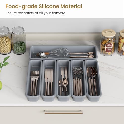 K KORKUAN 6 Pack Silicone Drawer Organizer for Kitchen DIY Free Combination Silverware Organizer Utensil Drawer Organizer Moistureproof and Heatresistant up to 200C Antislip Design Grey - Image 3