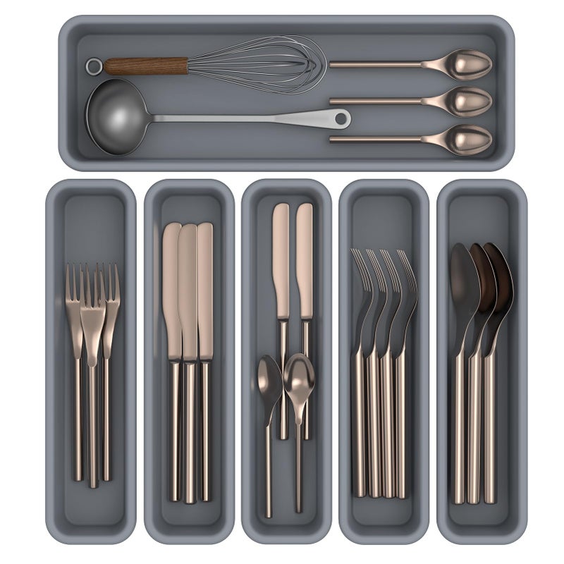 K KORKUAN 6 Pack Silicone Drawer Organizer for Kitchen DIY Free Combination Silverware Organizer Utensil Drawer Organizer Moistureproof and Heatresistant up to 200C Antislip Design Grey - Image 2
