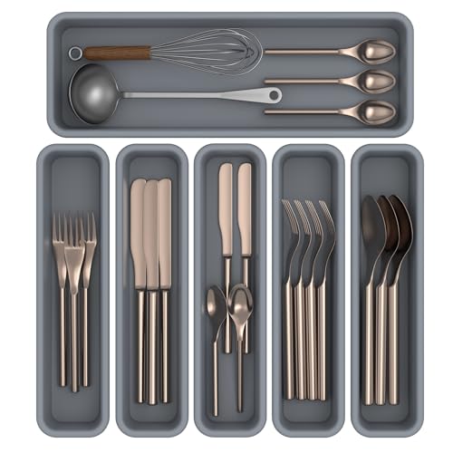 K KORKUAN 6 Pack Silicone Drawer Organizer for Kitchen DIY Free Combination Silverware Organizer Utensil Drawer Organizer Moistureproof and Heatresistant up to 200C Antislip Design Grey - Image 1