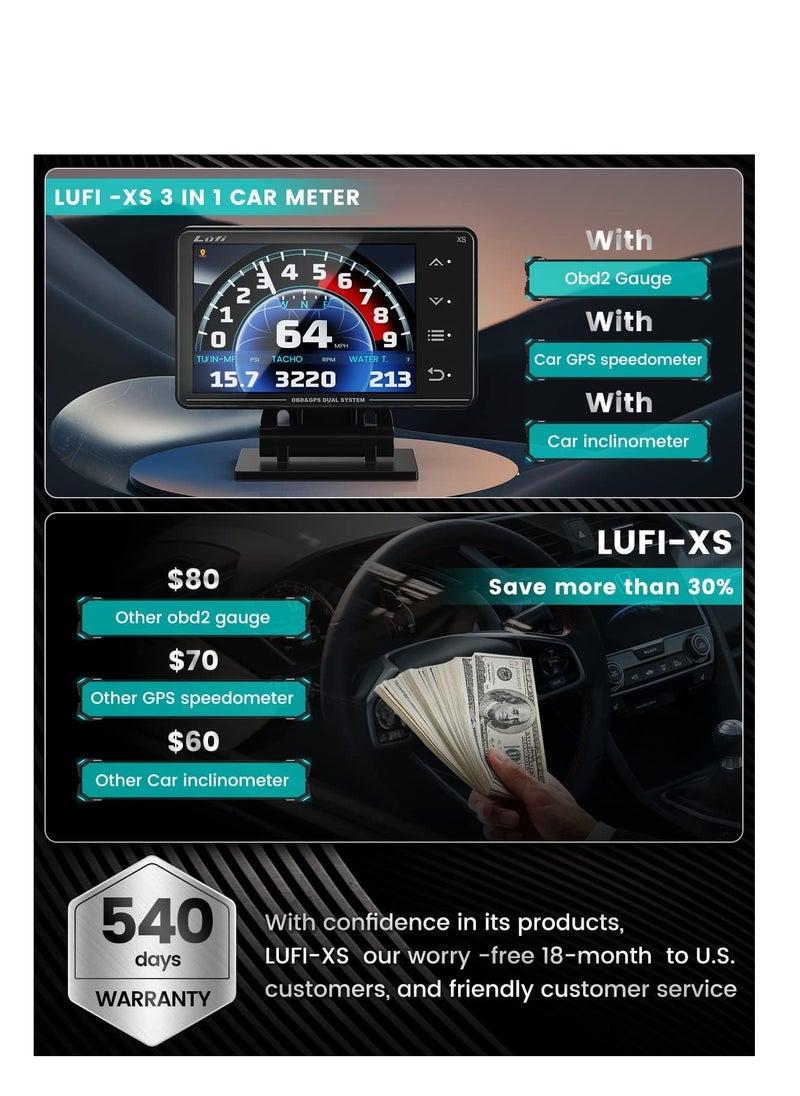 Xs Obd2 Gauge Display Lufi Fault code Reader Speedometer Boost RPM Meter Water Temperature Oil Temperature car inclinometer Multifunction Digital Gauge Cluster