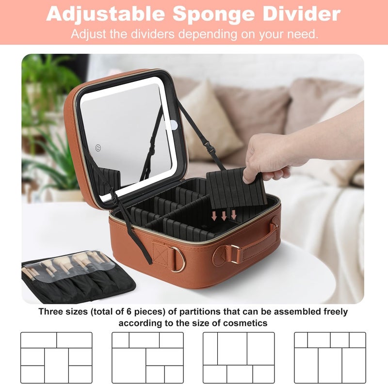 Mocado Travel Makeup Bag with LED Lighted Mirror, Travel Makeup Organizer, Makeup Case with 3 Color Lighted Setting and 10x Magnifying Mirror, Portable Storage and Adjustable Dividers(Orange Brown) - Image 3