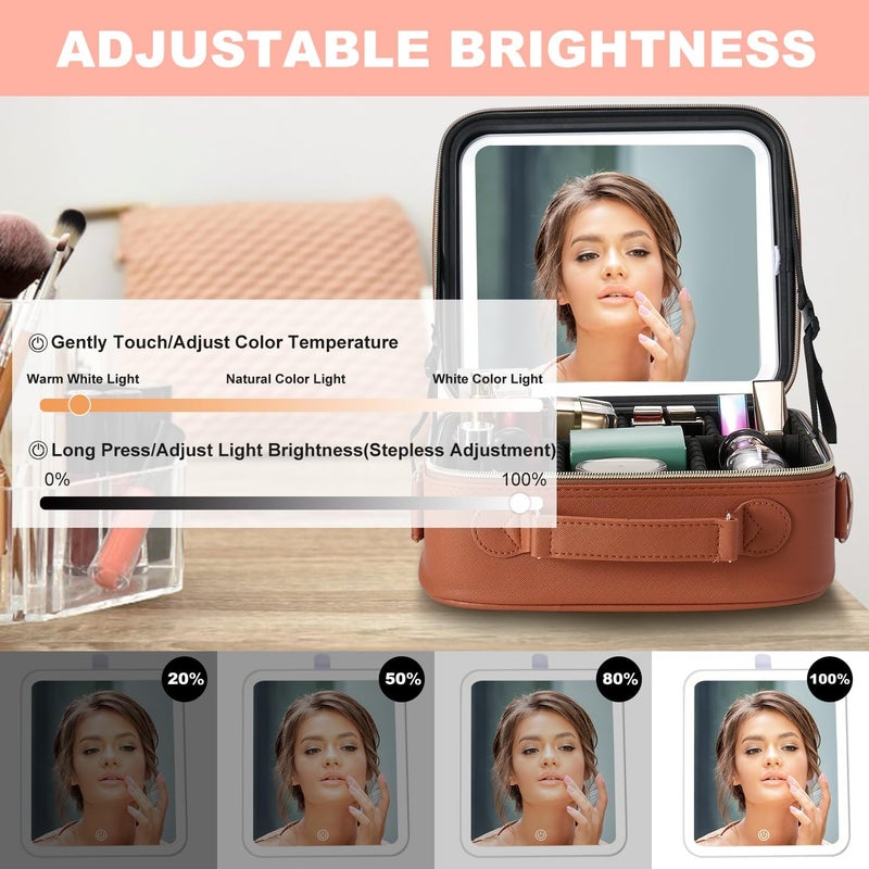 Mocado Travel Makeup Bag with LED Lighted Mirror, Travel Makeup Organizer, Makeup Case with 3 Color Lighted Setting and 10x Magnifying Mirror, Portable Storage and Adjustable Dividers(Orange Brown) - Image 4