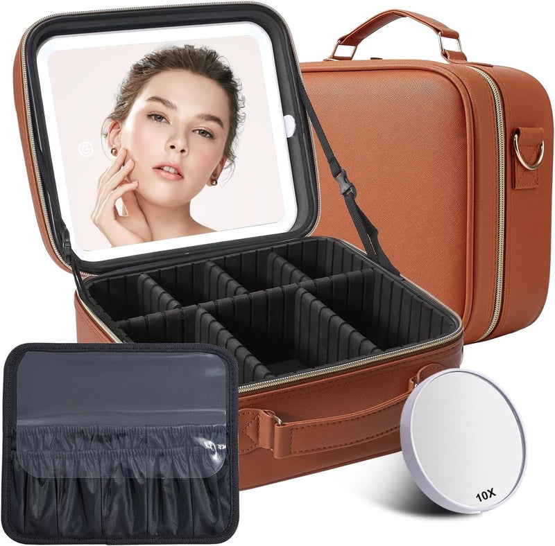 Mocado Travel Makeup Bag with LED Lighted Mirror, Travel Makeup Organizer, Makeup Case with 3 Color Lighted Setting and 10x Magnifying Mirror, Portable Storage and Adjustable Dividers(Orange Brown) - Image 1