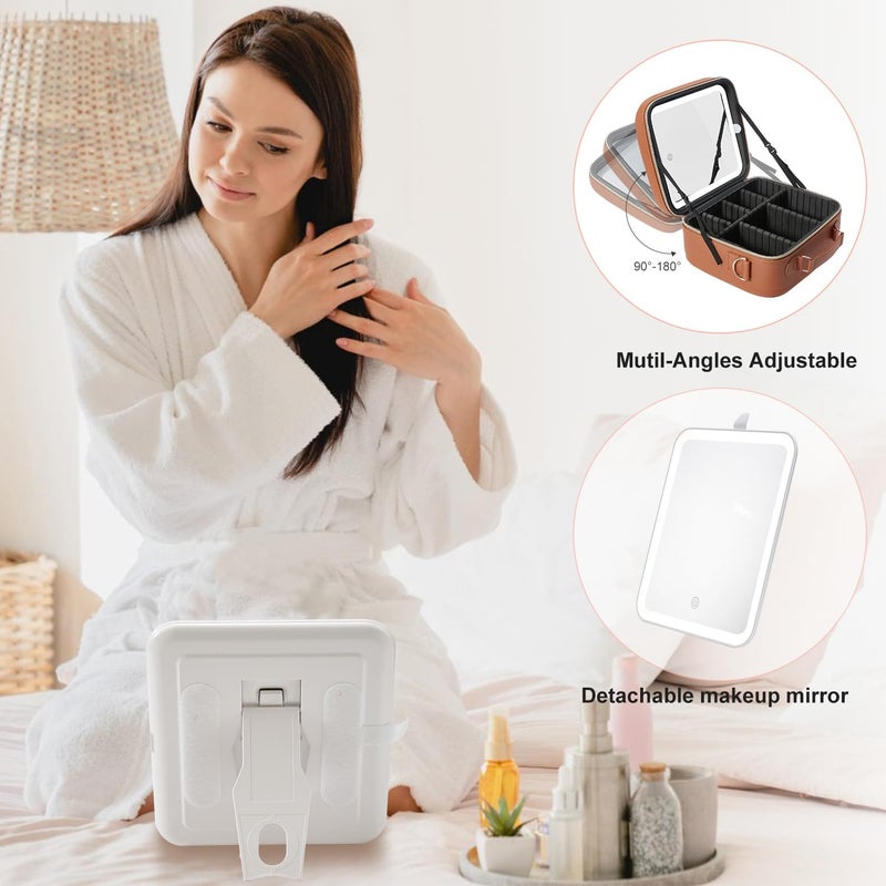 Mocado Travel Makeup Bag with LED Lighted Mirror, Travel Makeup Organizer, Makeup Case with 3 Color Lighted Setting and 10x Magnifying Mirror, Portable Storage and Adjustable Dividers(Orange Brown) - Image 5