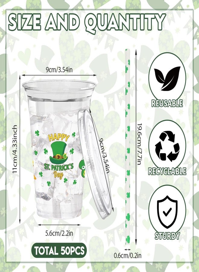 ZCPTZ 50 Sets St Patrick's Day Plastic Party Cups with Lids and Paper Strwas, 12oz Disposable Clear Cups Green Shamrock Theme Printed for Irish St. Patrick's Day, Celebrations, Birthday Parties - Image 2