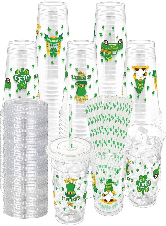 ZCPTZ 50 Sets St Patrick's Day Plastic Party Cups with Lids and Paper Strwas, 12oz Disposable Clear Cups Green Shamrock Theme Printed for Irish St. Patrick's Day, Celebrations, Birthday Parties - Image 1