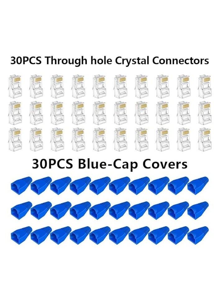 بروماس مجموعة أدوات مجموعة تجعيد المرور RJ45، بما في ذلك 30 قطعة محول RJ45 CAT6 و30 قطعة غطاء أزرق لشريط الشبكة واختبار كابل المكشكش وكابل RJ45 لقطع كابل Cat5 Cat5e Cat6  - Image 4