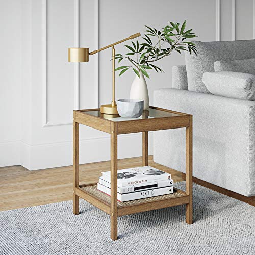 Nathan James 33301 Hayes Solid Wood Nightstand Bedside End or Side Table in Light Brown Wood Finish Glass Top with Open Storage Shelf 18 in x 18 in x 22 in