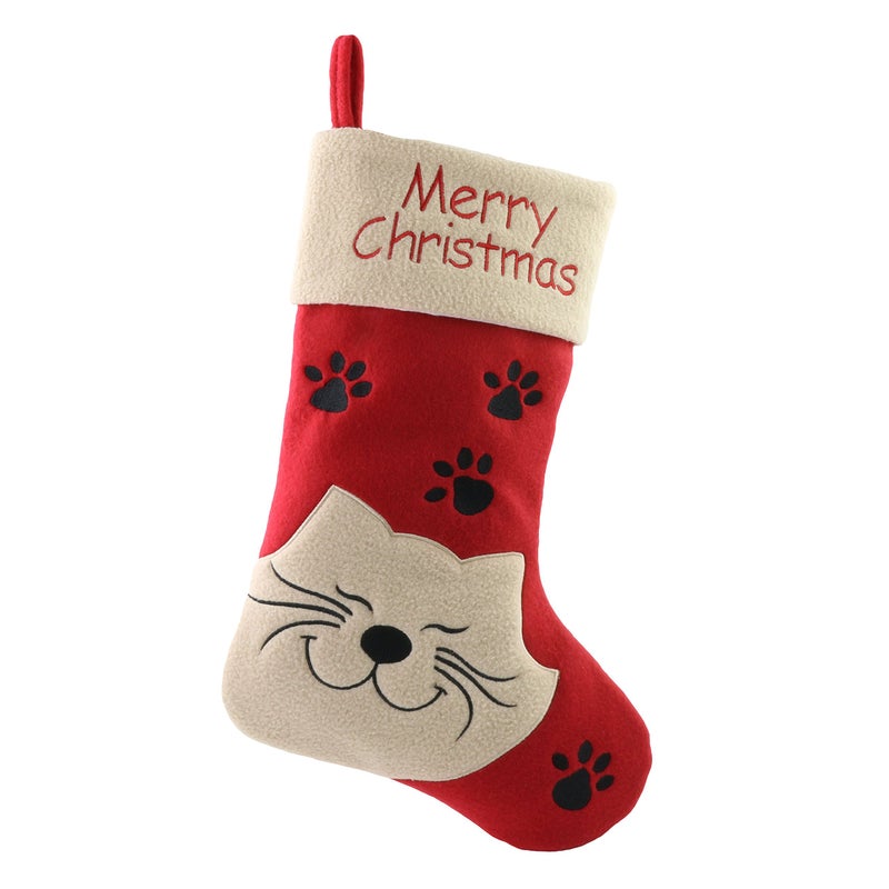 WEWILL 18 Cat Felt Christmas Stockings Paws Embroidered for Pets Kitty Red Xmas Stocking Gift Bag Cuff Lovely Home Holiday Decoration