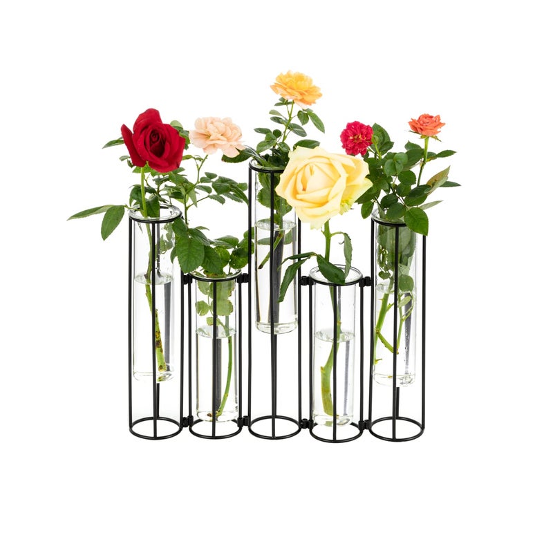 Glass Test Tubes Vase with Stand for Flowers Black Hinged Bud Vase with Metal Stand Racks Hydroponic Set of 5 Adjustable Pipe Plant Vases Display Set for Table Centerpieces Wedding Decoration