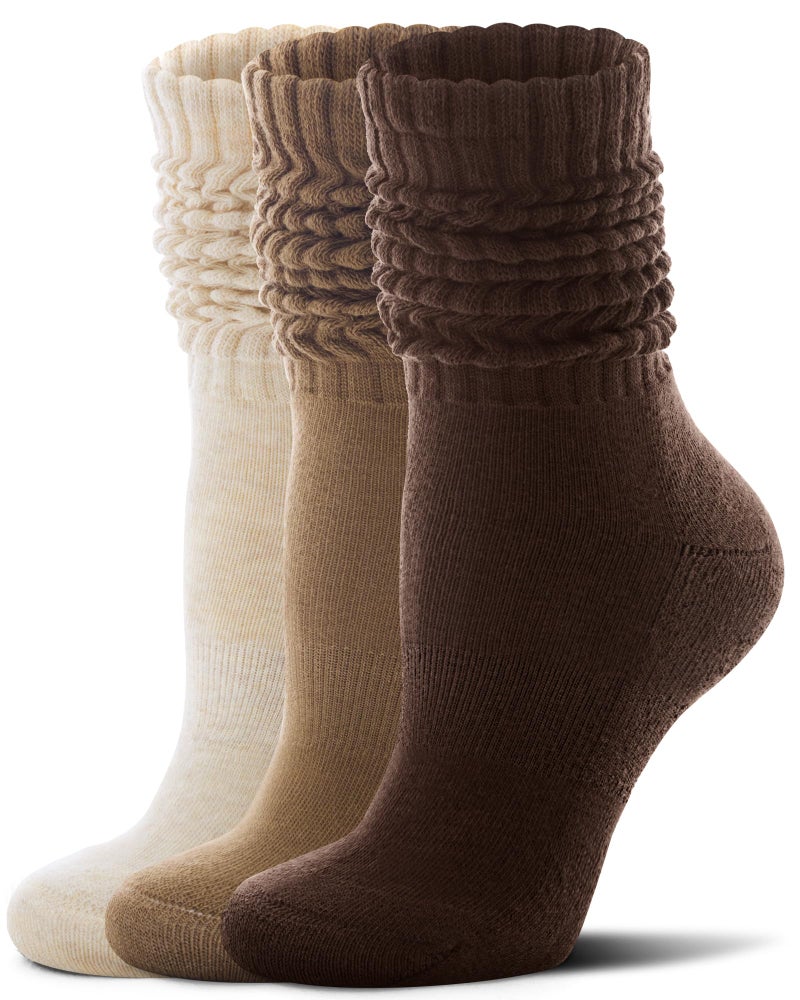 FITRELL Slouch Socks for Women, 3 Pairs Soft Cotton Knee High Scrunch Tube Boot Socks, Khaki+Light Brown+Dark Brown, Small-Medium - Image 1