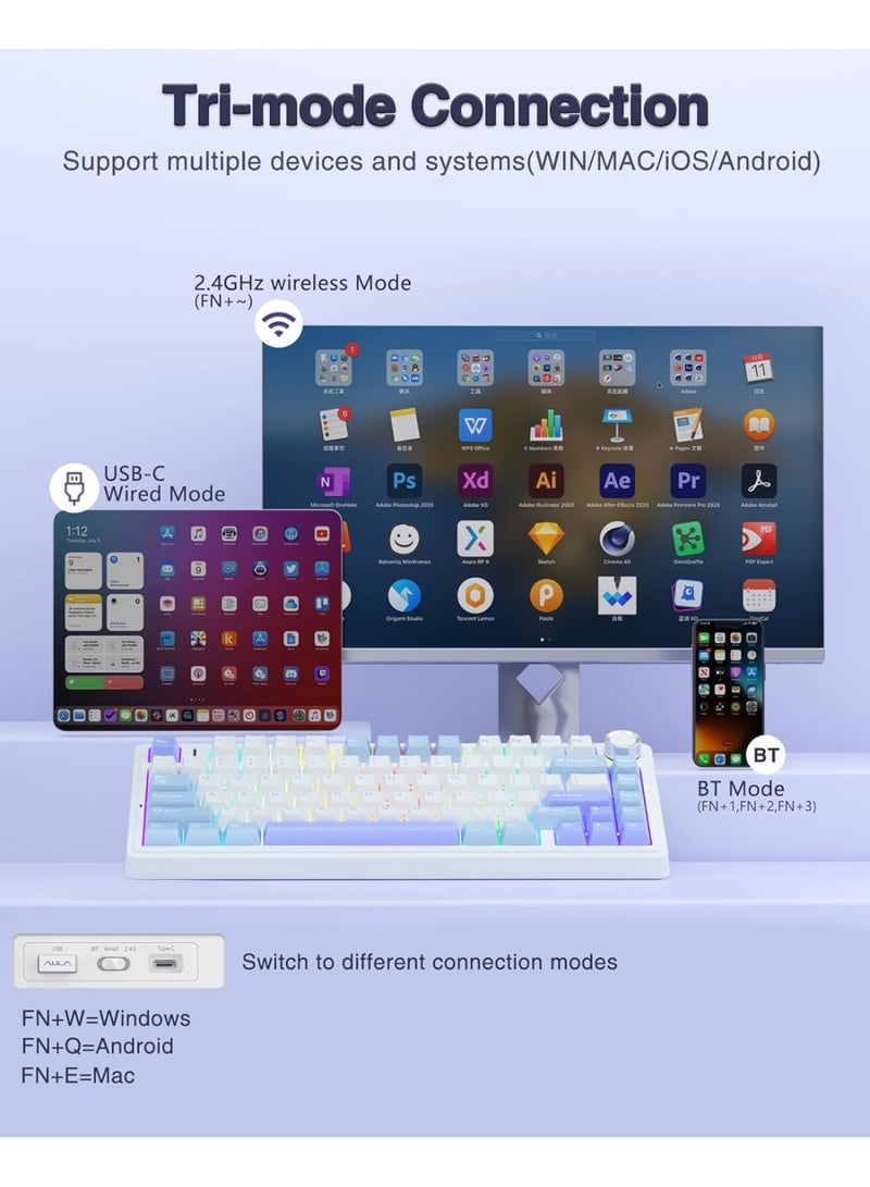 AULA F75 75% Wireless Mechanical Keyboard,Gasket Hot Swappable Custom Keyboard,Pre-lubed Star Vector Switches RGB Backlit Gaming Keyboard,2.4GHz/Type-C/BT5.0 Mechanical Keyboard - Image 4