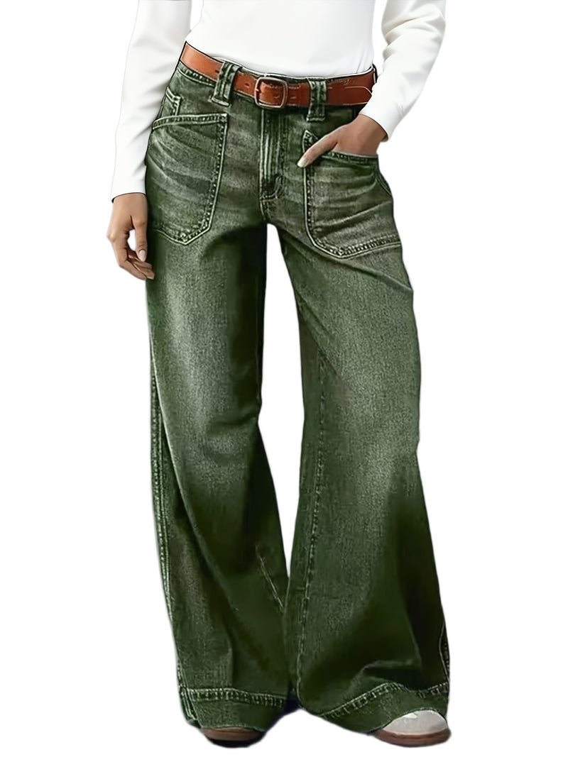 New Stretch Wide-Leg Jeans for Women for Autumn And Winter 2026, Featuring a Mid-Rise Design for Tummy Control, Loose Fit, Washed Green Denim with Pockets, Perfect for Street Fashion, Com... - Image 1