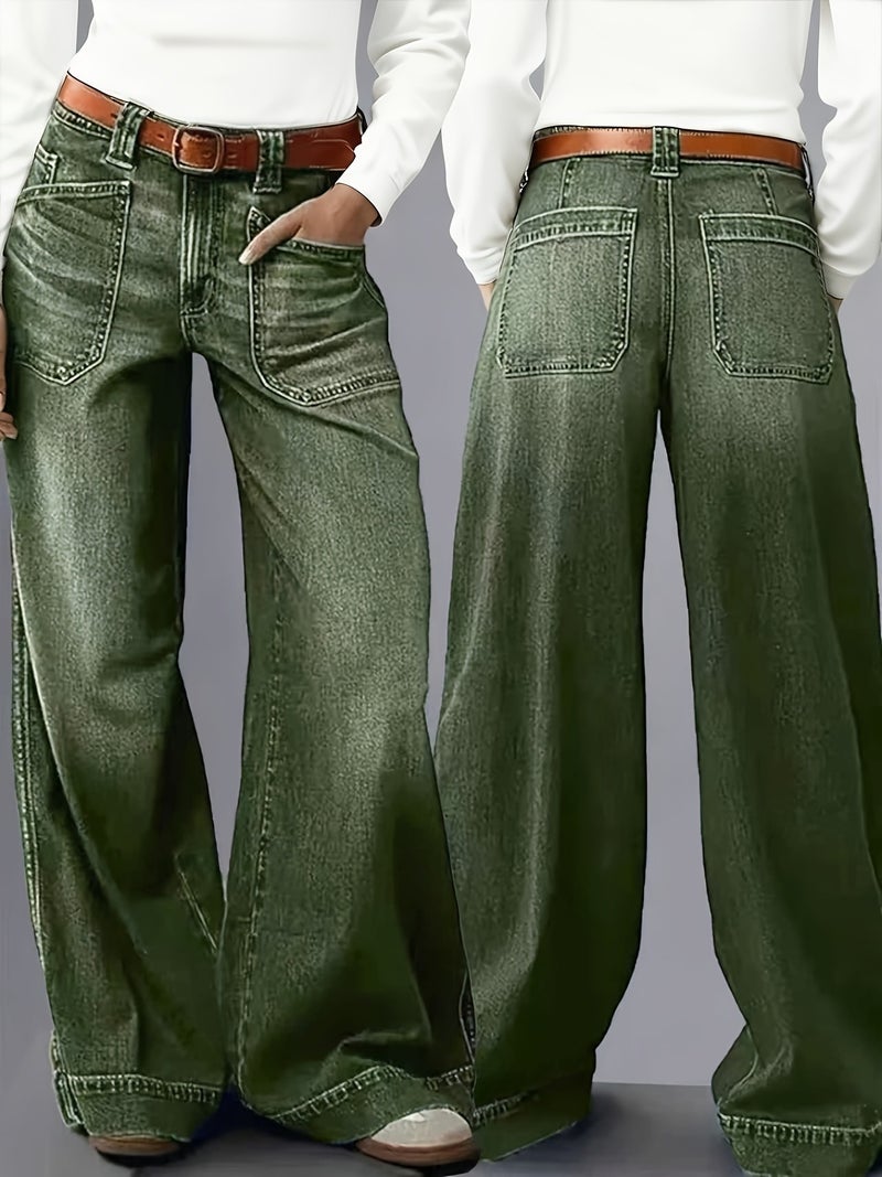 New Stretch Wide-Leg Jeans for Women for Autumn And Winter 2026, Featuring a Mid-Rise Design for Tummy Control, Loose Fit, Washed Green Denim with Pockets, Perfect for Street Fashion, Com... - Image 2