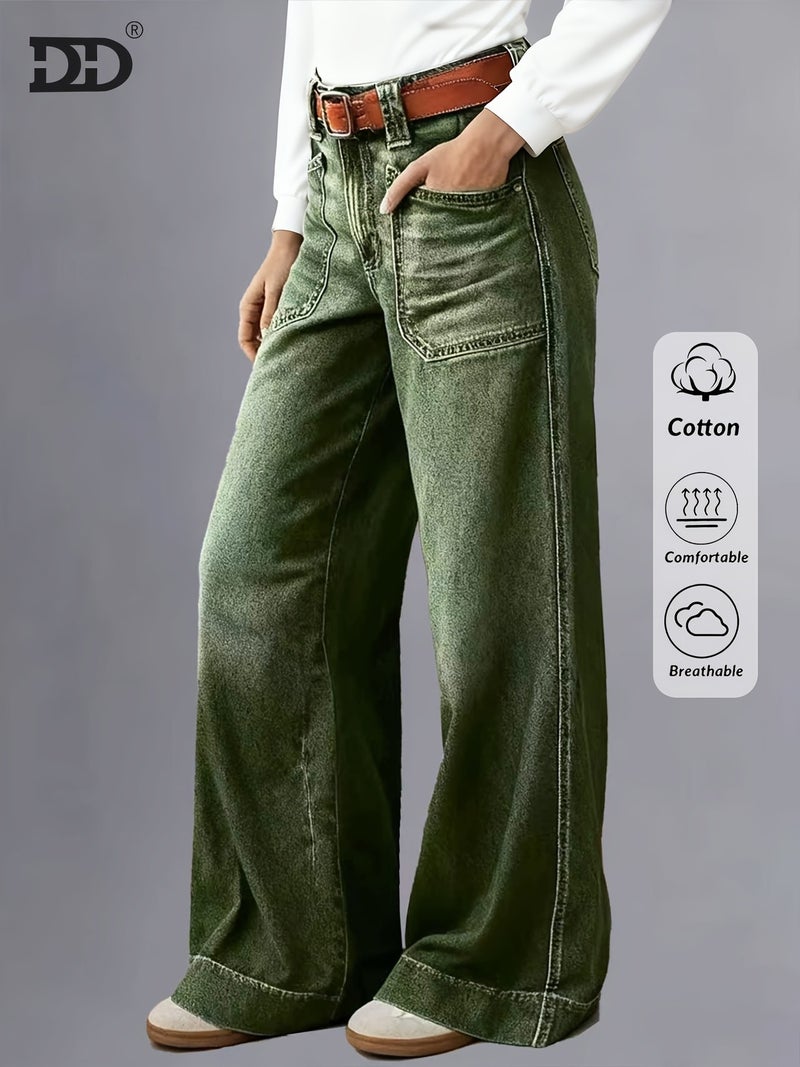 New Stretch Wide-Leg Jeans for Women for Autumn And Winter 2026, Featuring a Mid-Rise Design for Tummy Control, Loose Fit, Washed Green Denim with Pockets, Perfect for Street Fashion, Com... - Image 4