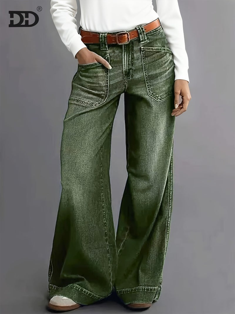 New Stretch Wide-Leg Jeans for Women for Autumn And Winter 2026, Featuring a Mid-Rise Design for Tummy Control, Loose Fit, Washed Green Denim with Pockets, Perfect for Street Fashion, Com... - Image 3