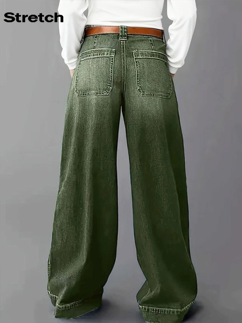 New Stretch Wide-Leg Jeans for Women for Autumn And Winter 2026, Featuring a Mid-Rise Design for Tummy Control, Loose Fit, Washed Green Denim with Pockets, Perfect for Street Fashion, Com... - Image 5
