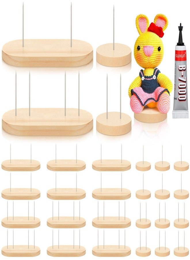 Threehoney 24 Pcs Crochet Doll Stand 4 Styles Wooden Knitted Display Single and Dual Needle Knitted Doll Display Stand for Animal Toy Wooden Base Support for Action Figure - Image 1