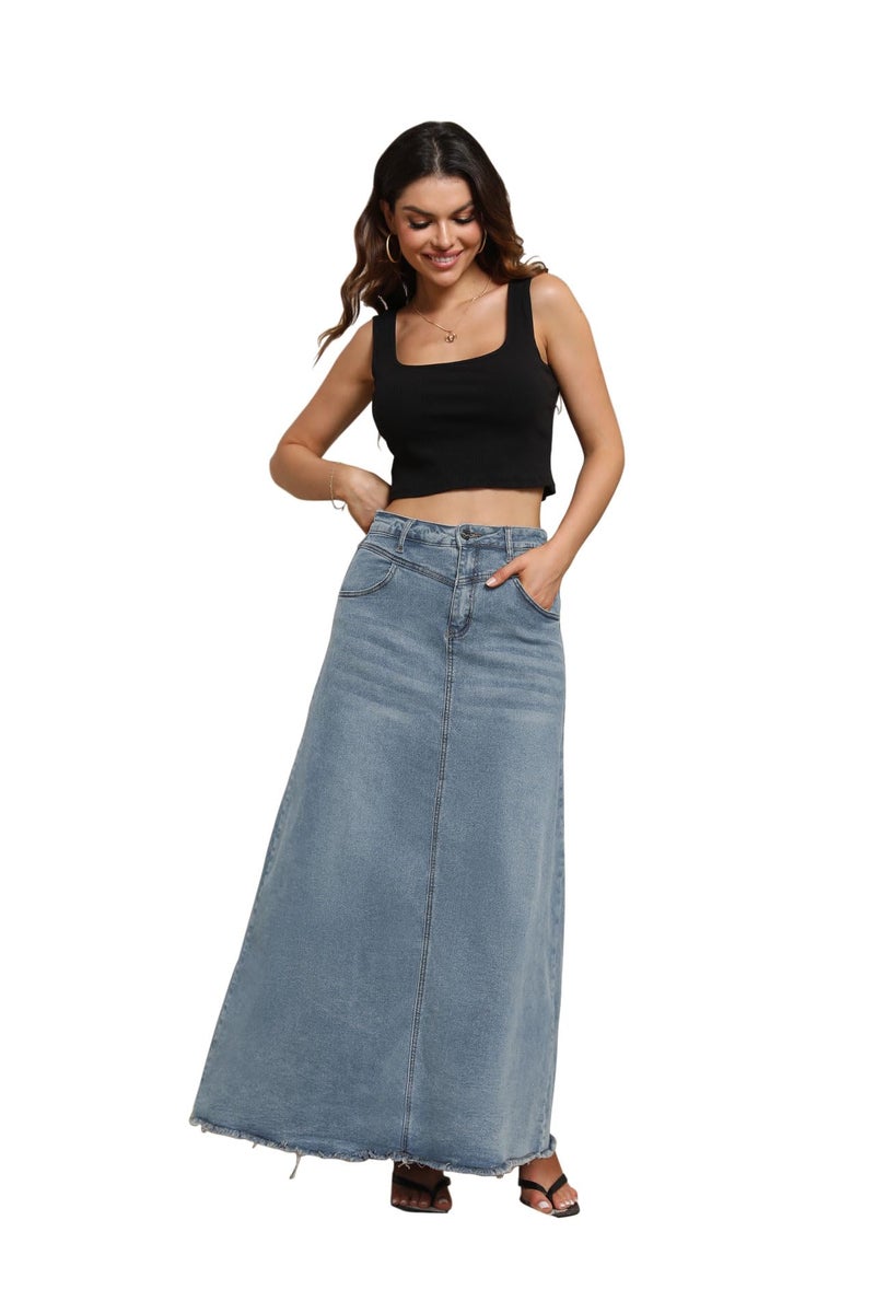CHARTOU Women Vintage Denim Maxi Skirt Frayed Raw Hem High Waist A-Line Long Jean Skirt (Large, Light Blue) - Image 3